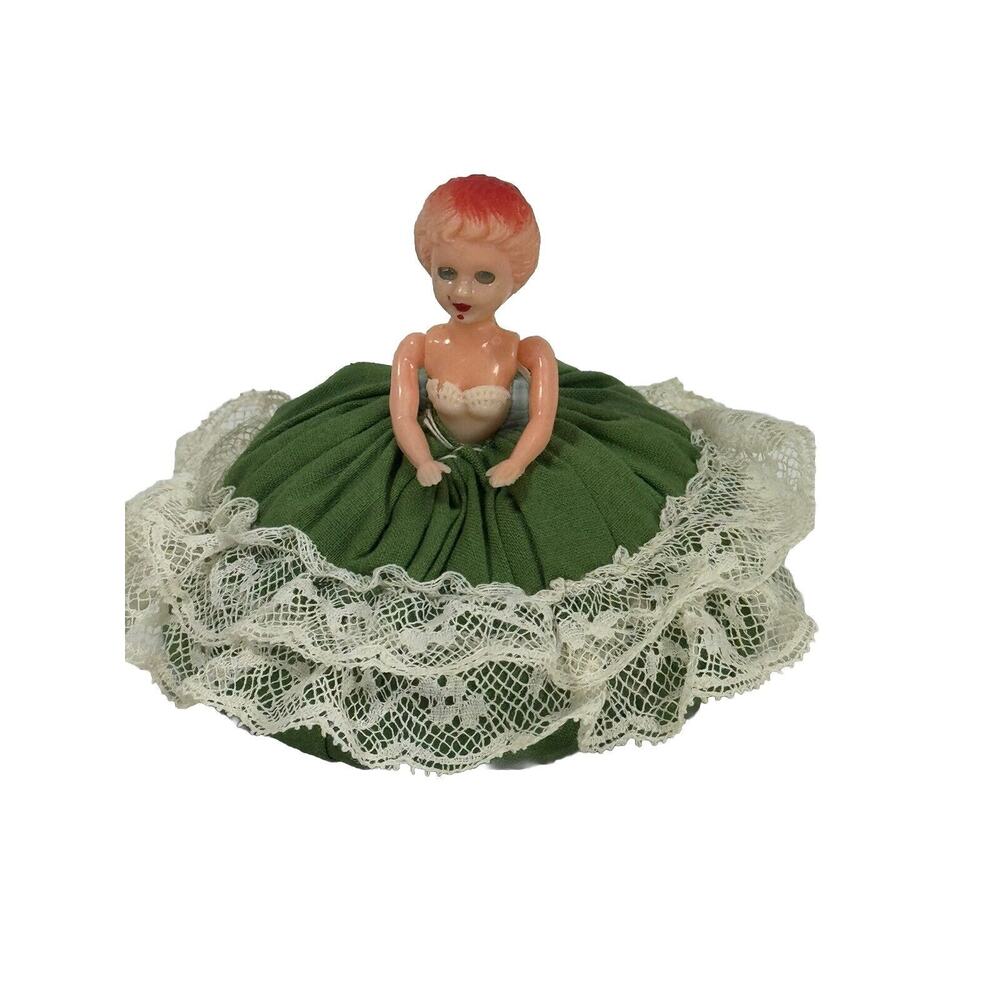 Vintage Half Doll Pin Cushion Plastic Girl Handmade Lace and Cloth Body